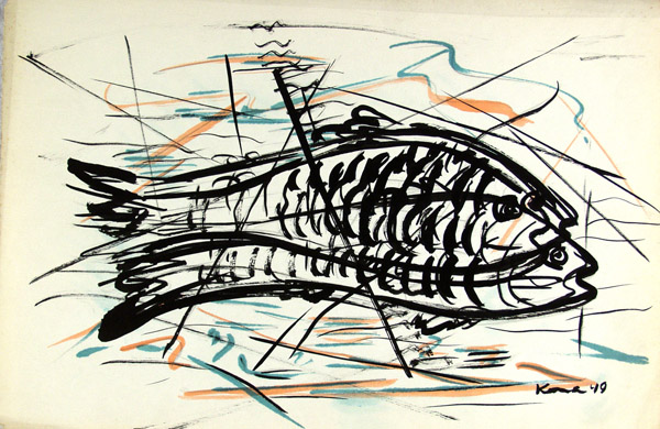 Lot #2198: JALED MUYAES - Two Fish - Ink and watercolor