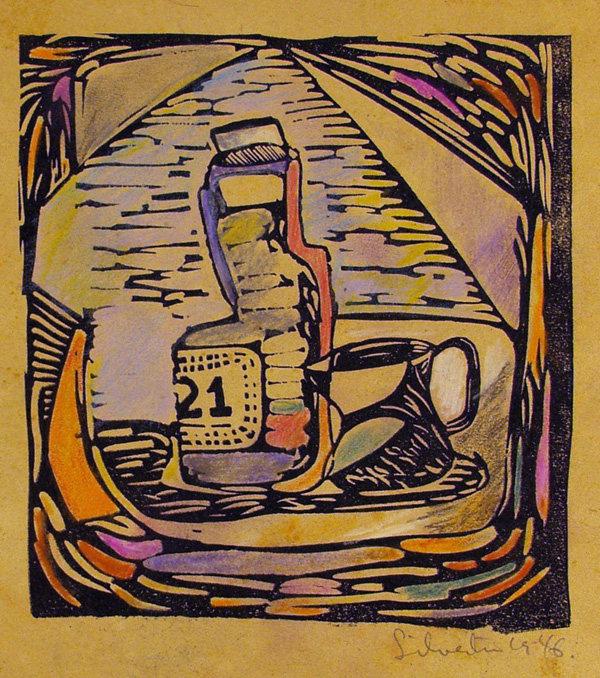 Lot #610: JALED MUYAES - Still Life with Pitcher - Hand colored linocut