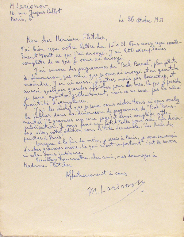 Lot #1249: MIKHAIL LARIONOV - Paris Painters' Balls, Letter #2 - Autograph letter signed