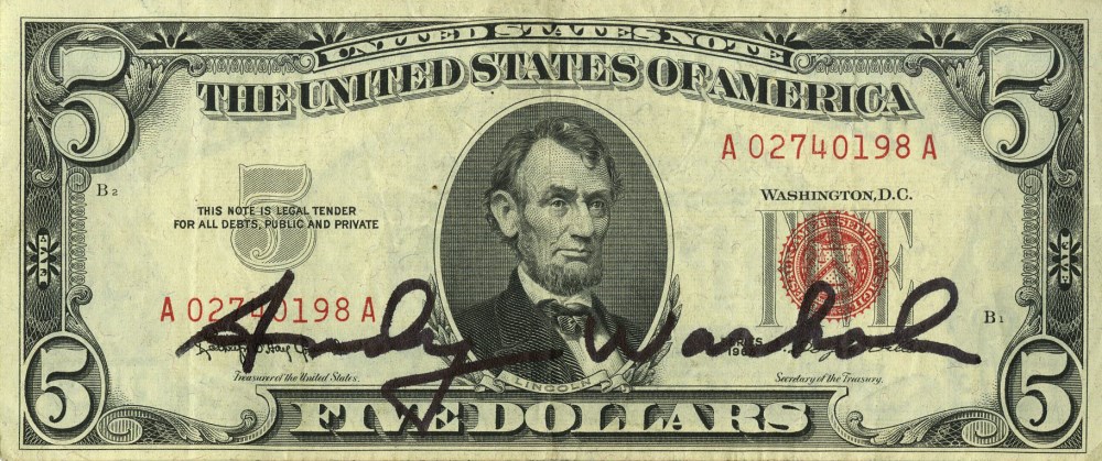 Lot #974: ANDY WARHOL - Five Dollar Lincoln - Color engraving and letterpress