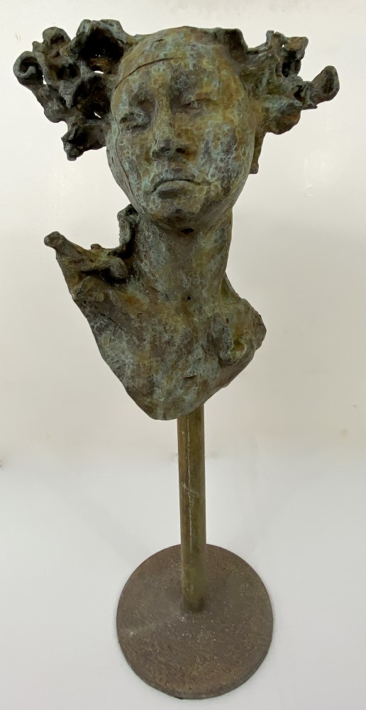 Lot #2582: JAVIER MARIN [d'après] - La Cabeza Grande - Bronze sculpture with tan and light green patina
