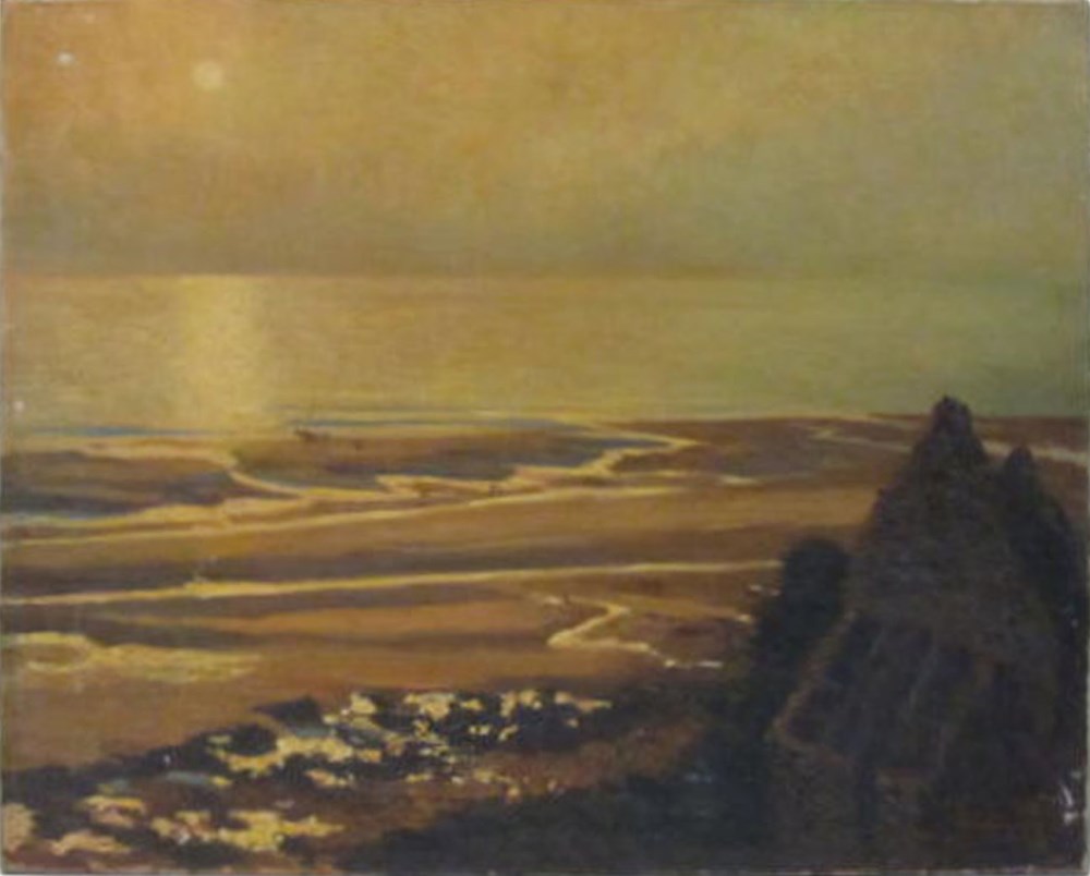 Lot #100: GEORGES PLASSE - Chiffres et bateau a la mer, le coucher du soleil - Oil on canvas