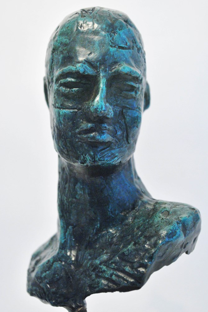 Lot #2569: JAVIER MARIN [d'après] - Hombre con Cola de Caballo - Bronze sculpture with turquoise and black patina