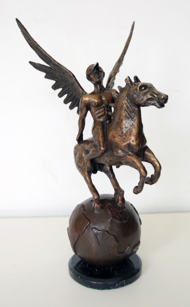 Lot #1795: JORGE MARIN [d'après] - Jinete alado - Bronze sculpture with dark turquoise patina