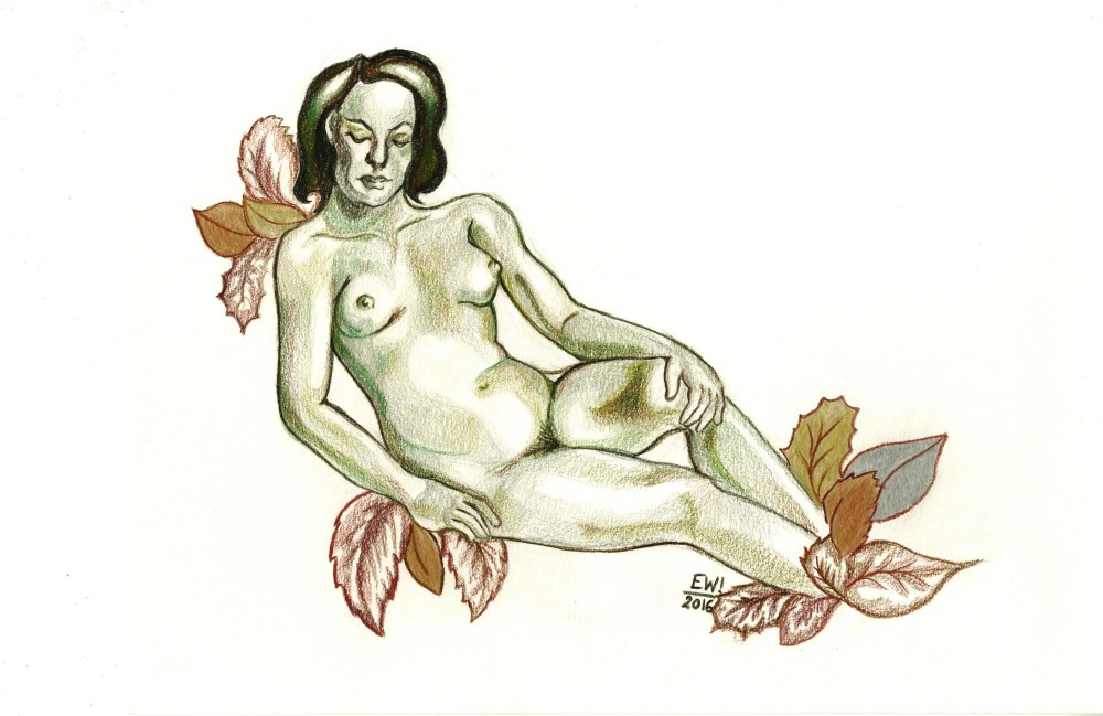 Lot #1204: ESTELA WILLIAMS - Nude and Leaves - Colored pencils on paper