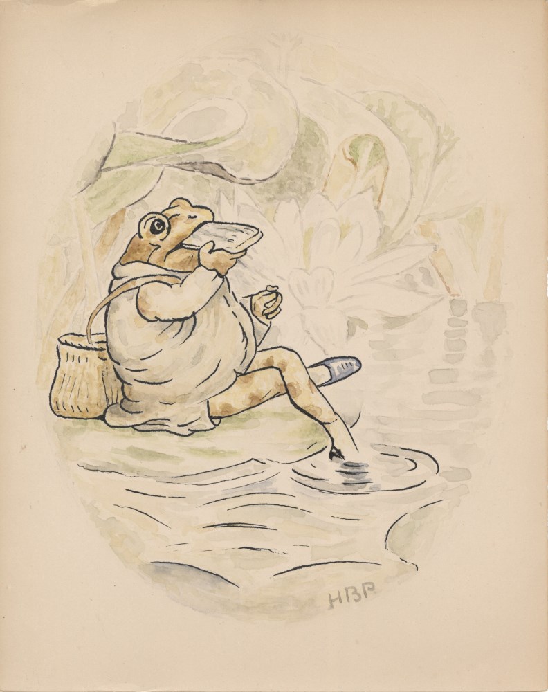Lot #2575: BEATRIX POTTER - Jeremy Fisher Eating a Butterfly Sandwich - Original watercolor with pen and ink