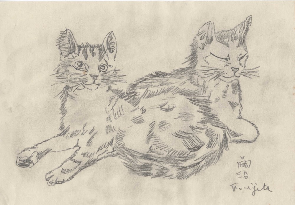 Lot #2550: LEONARD TSUGUHARU FOUJITA [d'après] - Deux chats, un dormant - Pencil drawing on paper