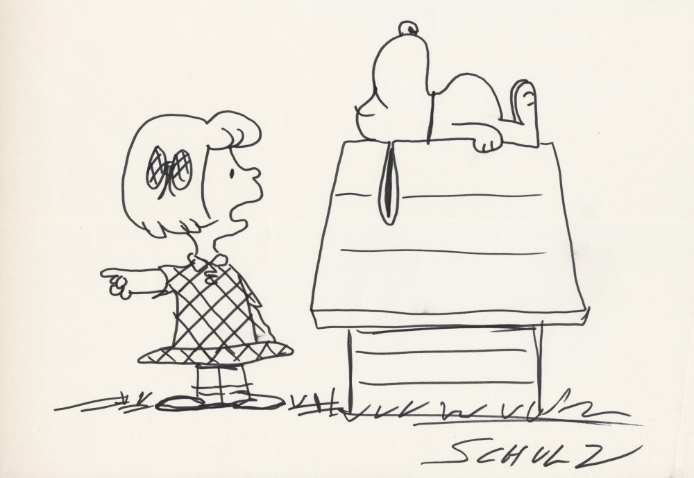 Lot #1252: CHARLES SCHULZ - Patty and Snoopy - Marker drawing on paper