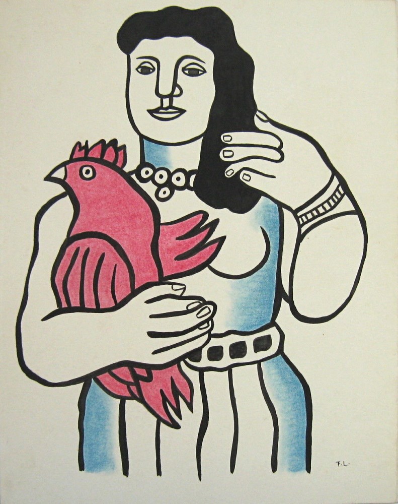 Lot #1696: FERNAND LEGER [imputée] - Femme avec un coq - Watercolor, gouache, and ink drawing on paper