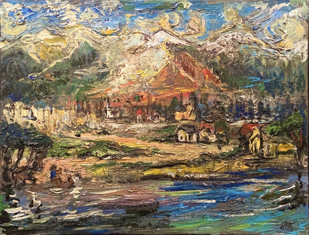 Lot #934: OSKAR KOKOSCHKA - Dorf am Fluss - Oil on canvas