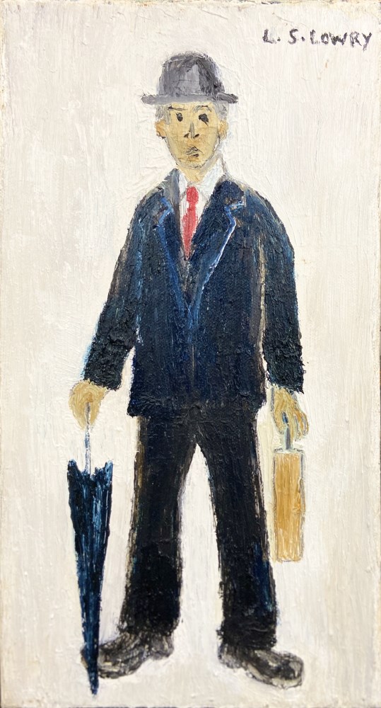 Lot #2529: L. S. LOWRY - Annoyed Man - Oil and pencil on canvas