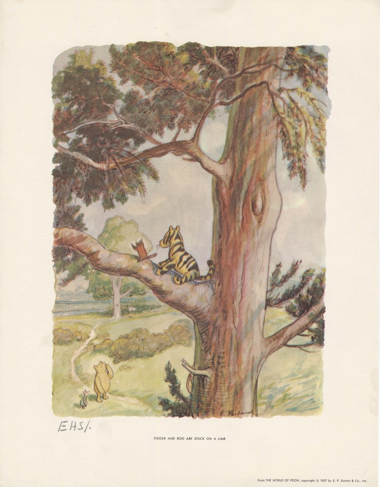 Lot #1433: E(RNEST) H(OWARD) SHEPARD - Tigger and Roo Are Stuck on a Limb - Original color offset lithograph