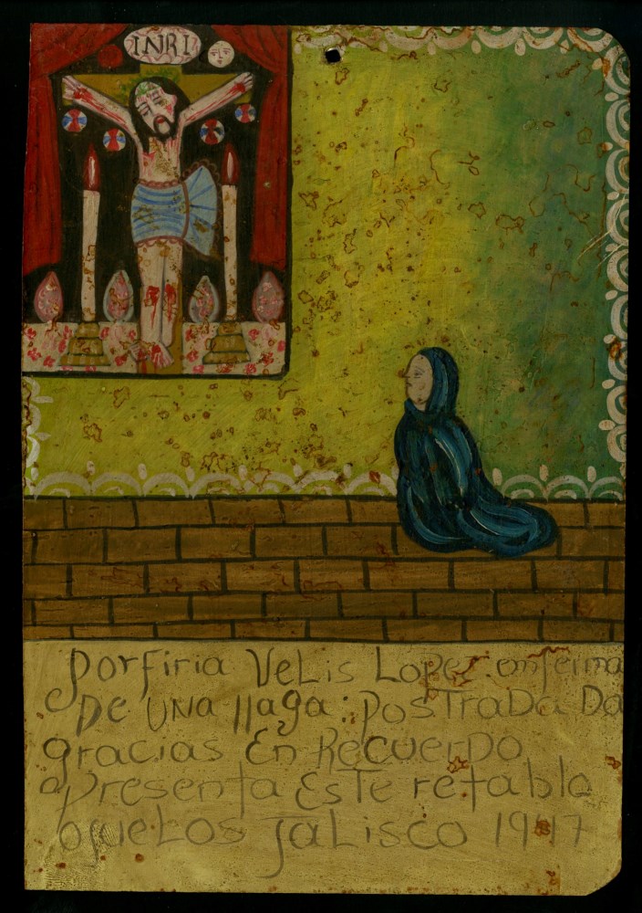 Lot #715: MEXICAN SCHOOL (EX-VOTO ARTIST) 20TH CENTURY - Vintage Ex-Voto/Retablo: Porfiria Velis Lopez - Oil on tin