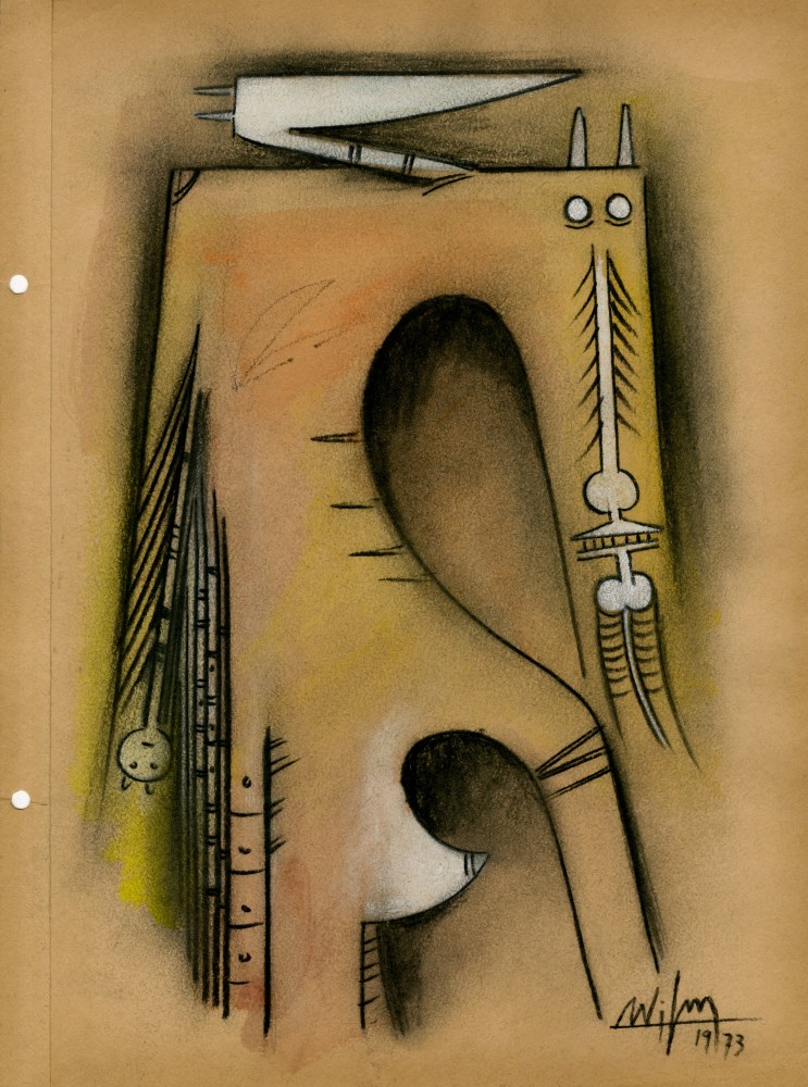 Lot #885: WIFREDO LAM - Composicion - Mixed media (Gouache, pastel, and crayon) on paper
