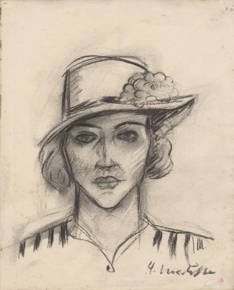 Lot #530: HENRI MATISSE - Portrait d'une jeune femme portant un chapeau - Charcoal and estompe drawing on paper
