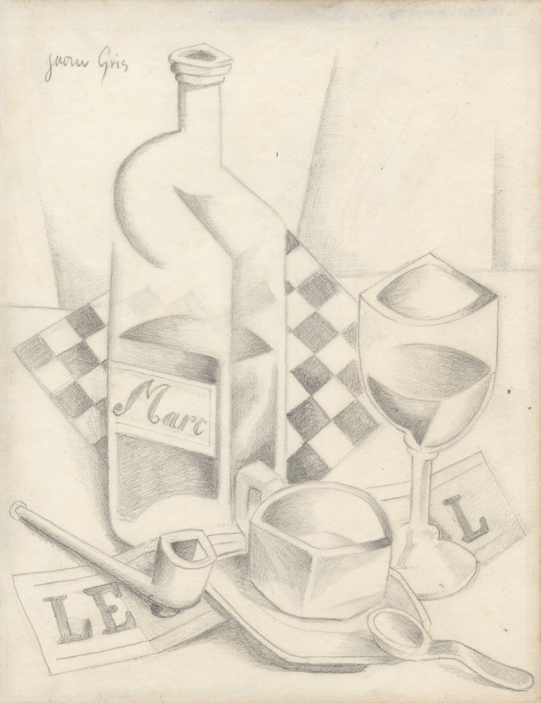 Lot #708: JUAN GRIS - Verre, damier, et bouteille de marc - Pencil drawing on paper