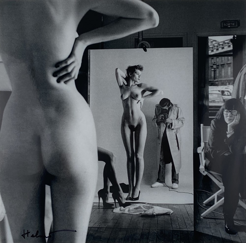 Lot #584: HELMUT NEWTON - Self-Portrait with Wife and Models, Paris, Vogue Hommes - Original vintage photolithograph