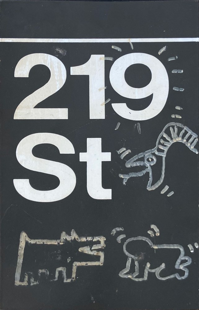 Lot #616: KEITH HARING - Subway drawings: Radiant Baby [and] Barking Dog [and] Serpent - White acrylic drawings on enameled steel sign