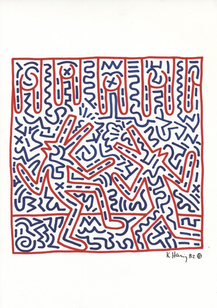 Lot #811: KEITH HARING - Barking Dogs - Black and red marker drawing on paper