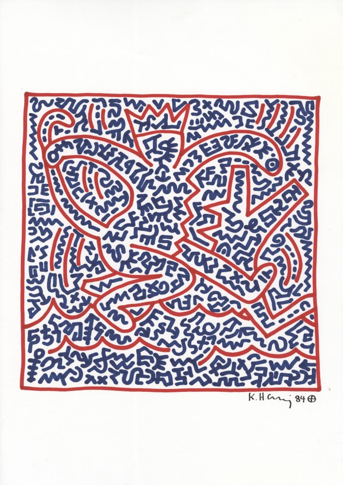 Lot #405: KEITH HARING - Monkey King - Black and red marker drawing on paper