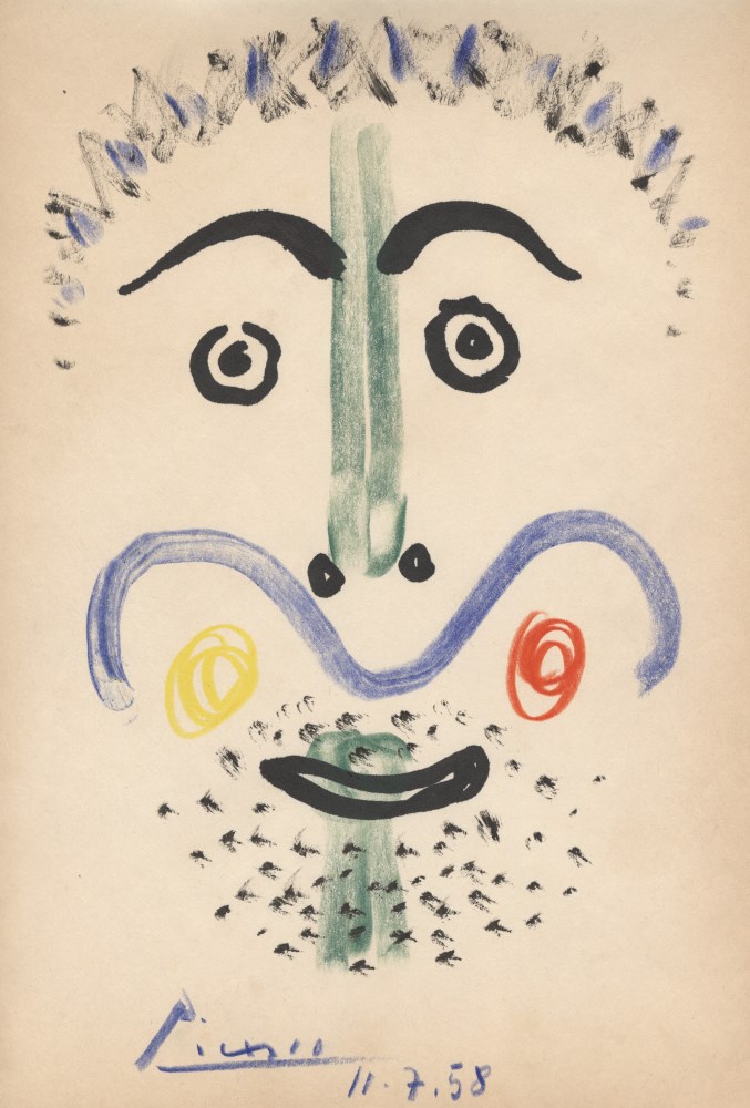 Lot #276: PABLO PICASSO - Homme moustachu - Original crayon, ink, and felt-tip pen drawing on paper