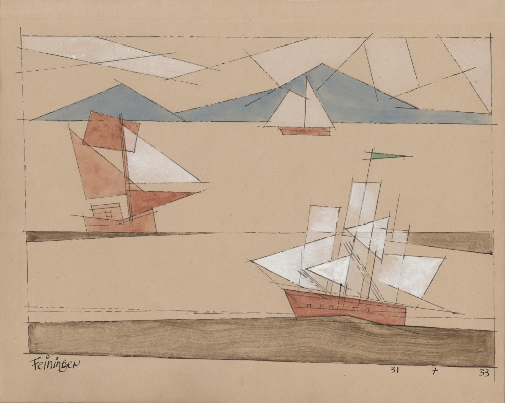 Lot #571: LYONEL FEININGER - Sailing Ships - Watercolor & ink drawing on paper