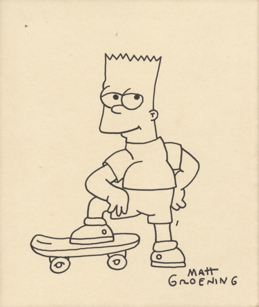 Lot #638: MATT GROENING - The Simpsons: Bart with His Skateboard - Black marker drawing on paper