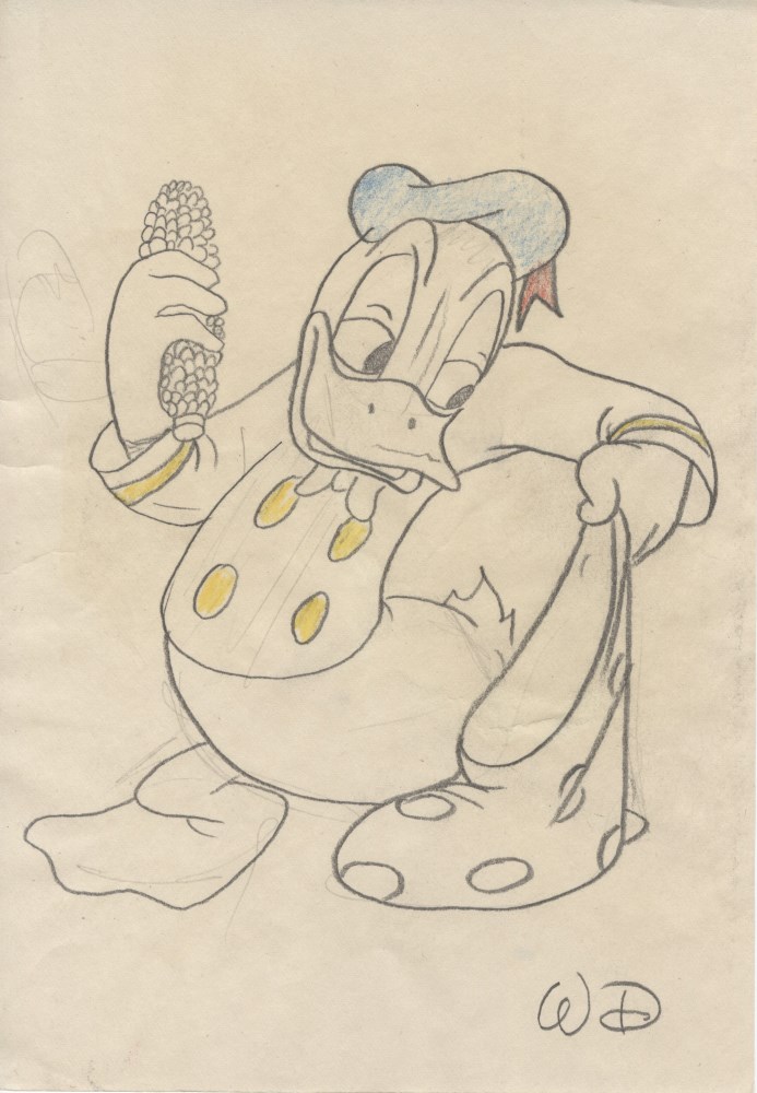 Lot #155: WALT DISNEY - Donald Duck Bagging Corn - Pencil and crayon drawing on paper