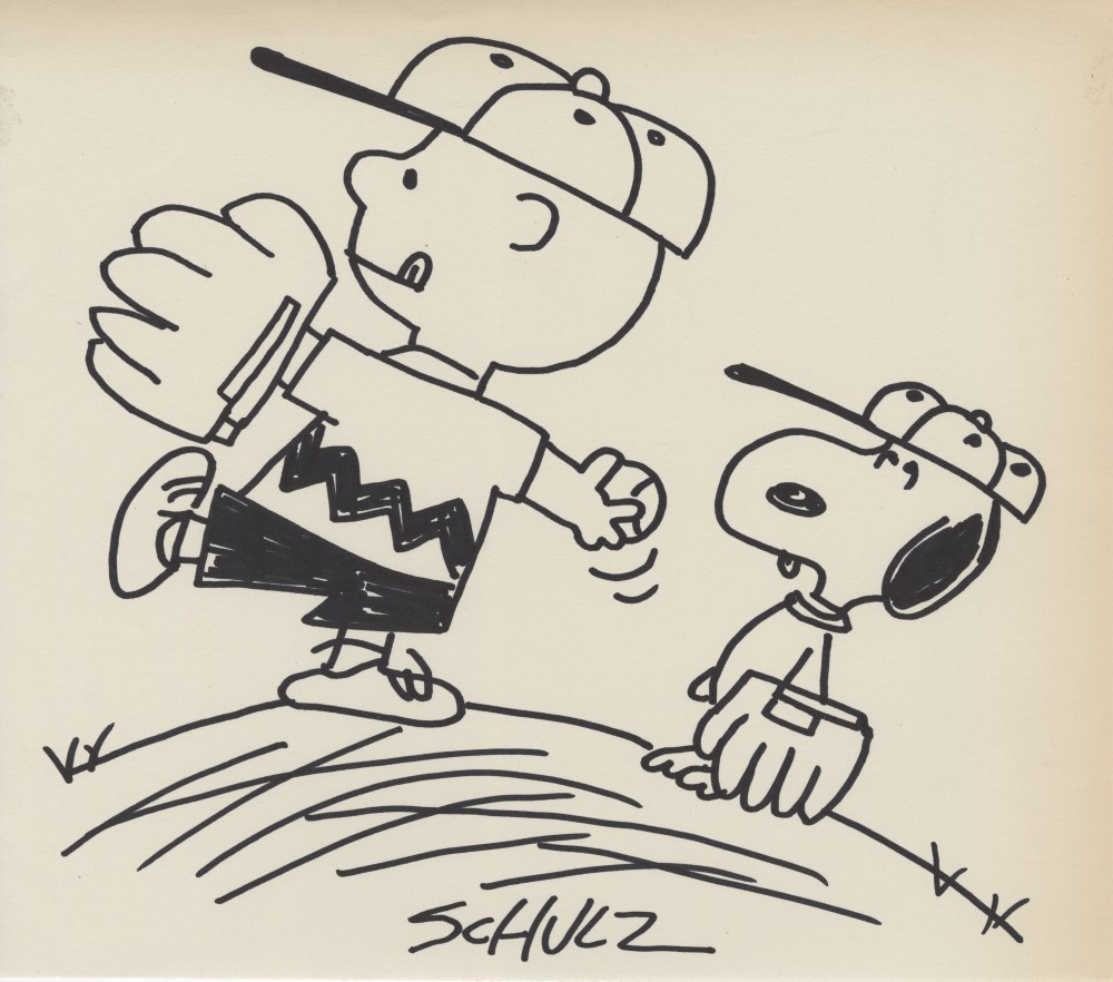 Lot #98: CHARLES SCHULZ - Charlie Brown and Snoopy Playing Baseball - Marker drawing on paper